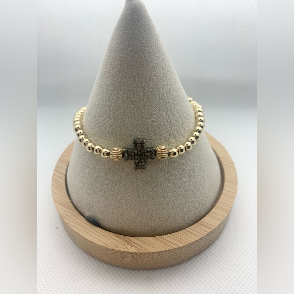 Handmade 14k Gold Filled bracelet with Pave diamond sterling silver cross.